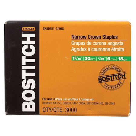 Bostitch Finish Staples, 18 ga, Narrow Crown, 1-3/16 in Leg L, Steel, 3000 PK SX50351-3/16G
